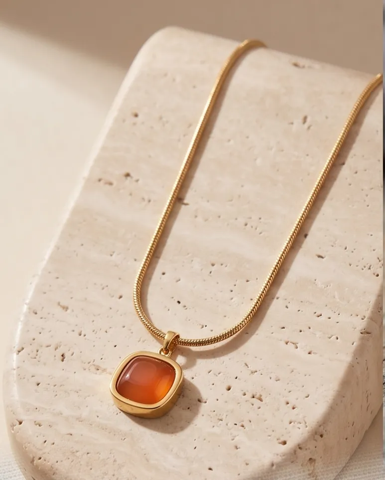 Gold-Plated Brown Gemstone Pendant Chain